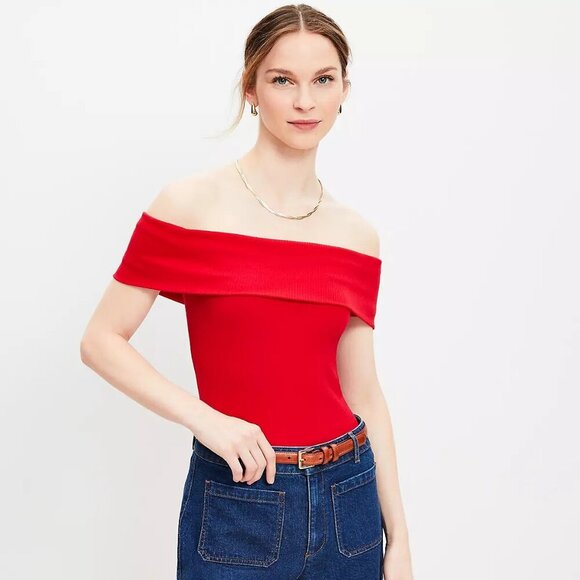 NWT Loft Ribbed Off The Shoulder Top Women's Size 12/14L/XL Tango Red - Picture 1 of 7